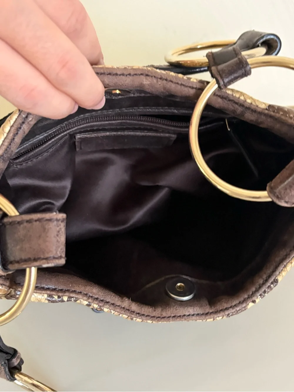 Yves Saint Laurent Brown and Tan Snake-Print Hobo with Gold Rings